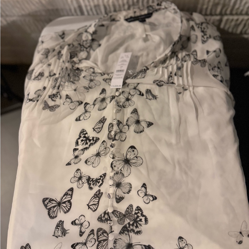 White House Black Market White Blouse with Black Butterfly Print